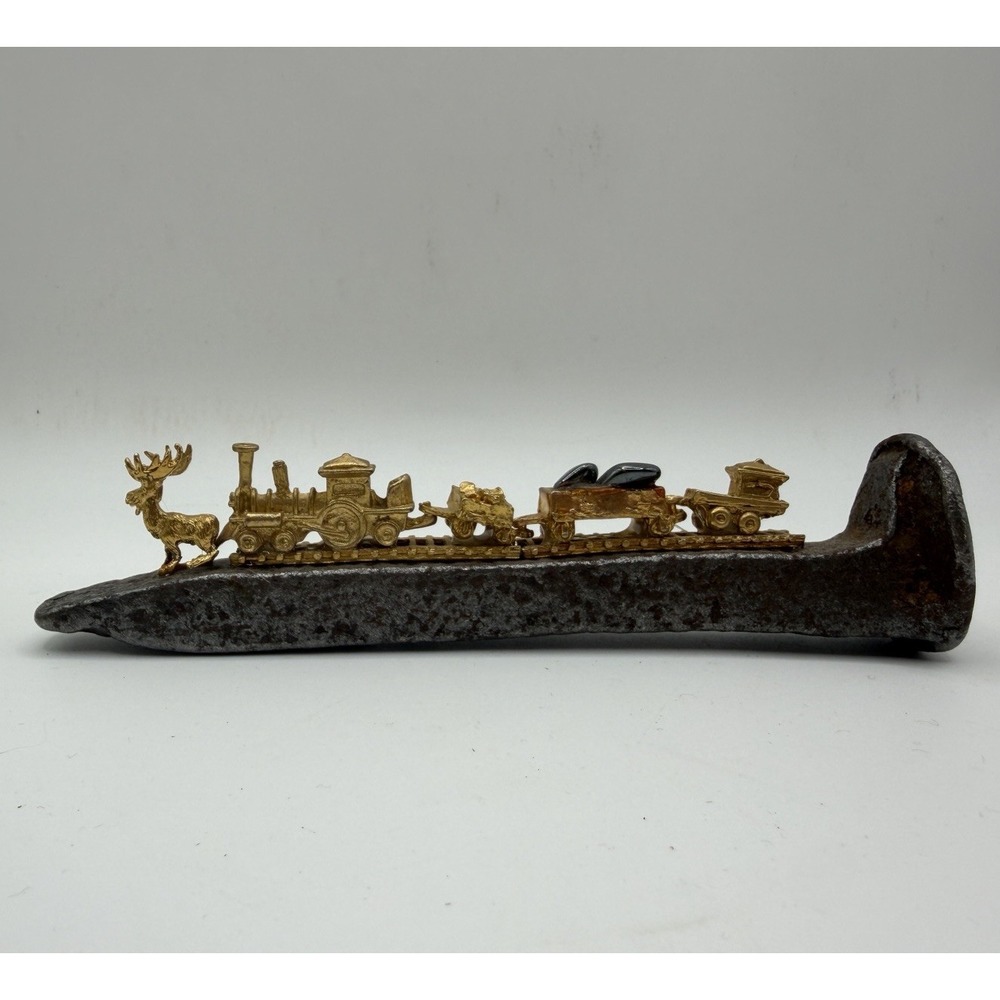 Vintage Railroad Spike Folk Art Miniature Gold Tone Train Deer Sculpture 7"